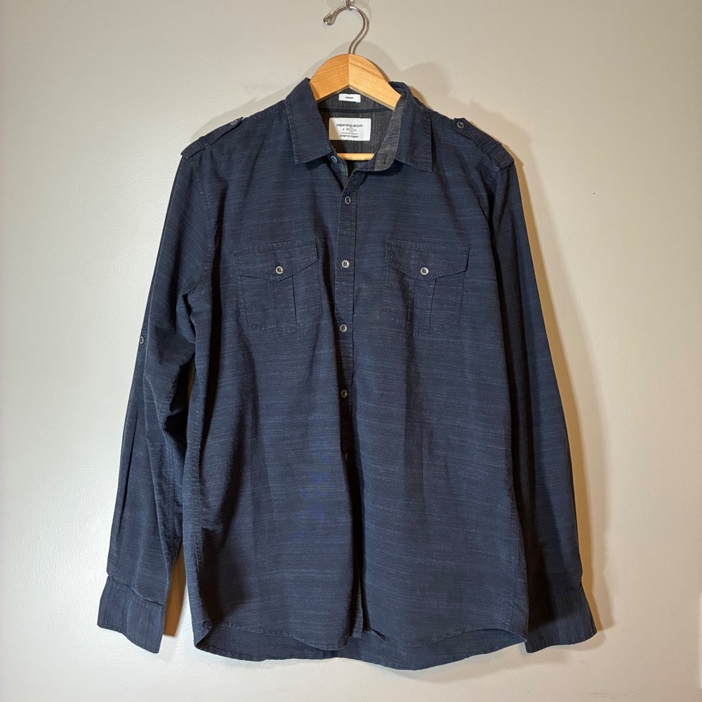 Paperdenim&cloth Mens Large Navy Blue Stretch Button Down Shirt Epaulettes L